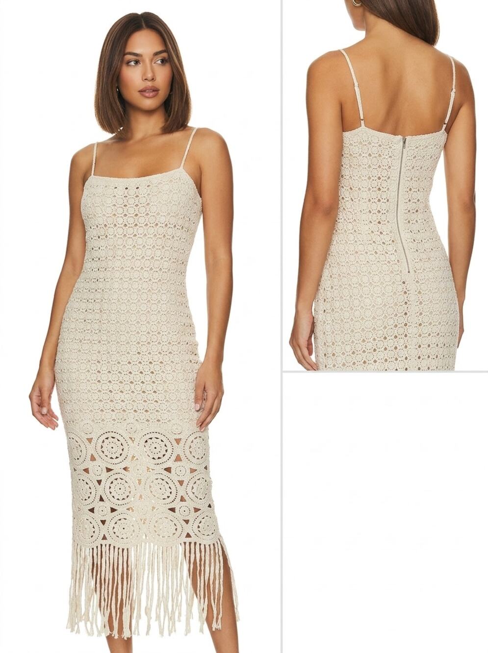Torn by Ronny Kobo Beige Crochet Lace Fringe Midi Dress Women Size S